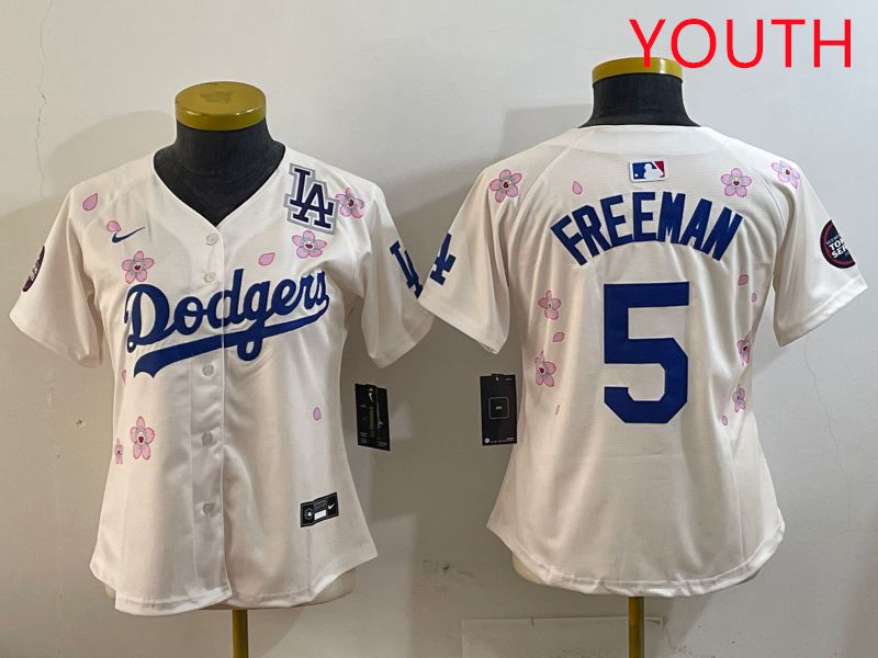 Youth Los Angeles Dodgers #5 Freeman Cream Sakura Edition 2025 Nike MLB Jersey style 5->youth mlb jersey->Youth Jersey